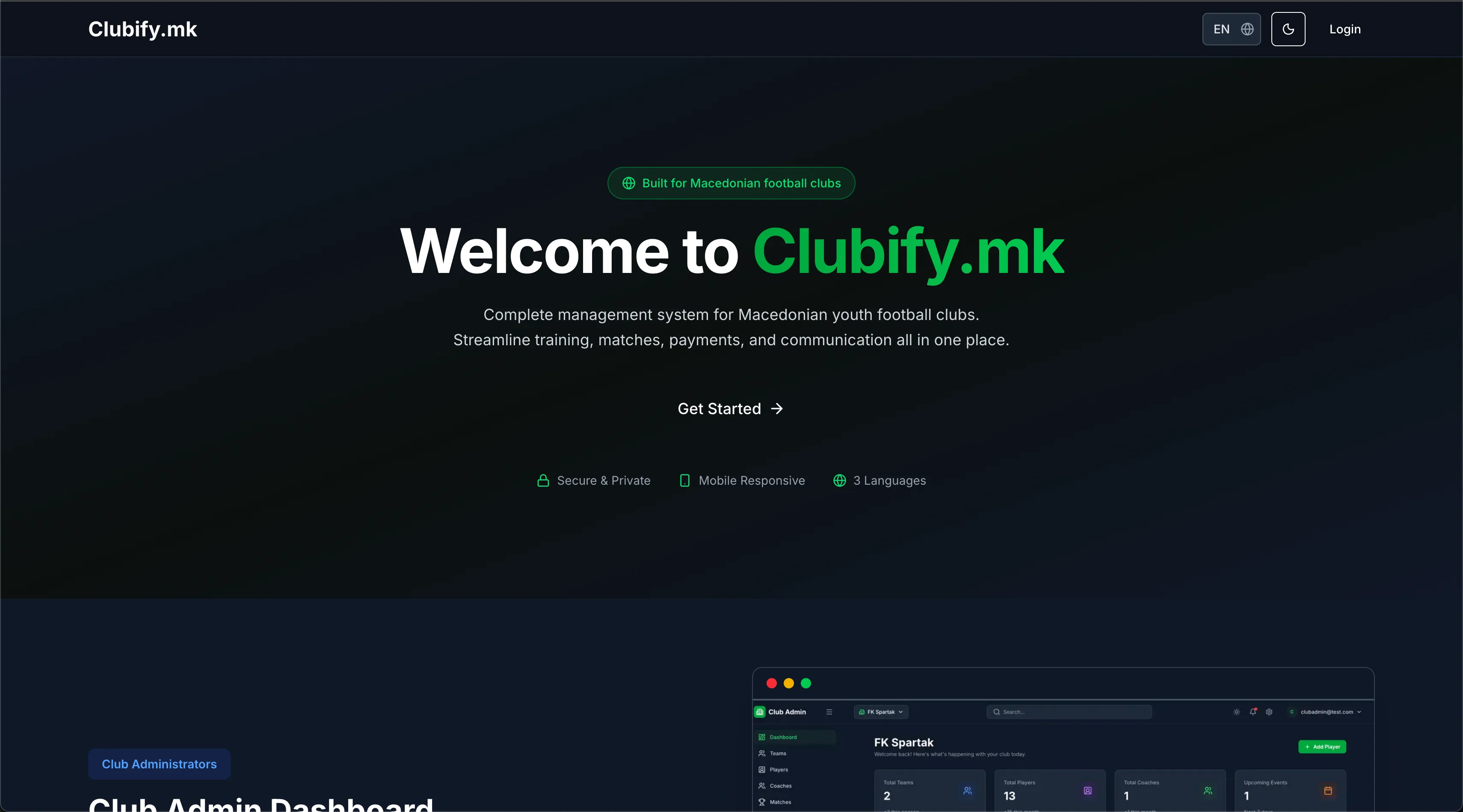 Custom web application interface for Clubify sports management software