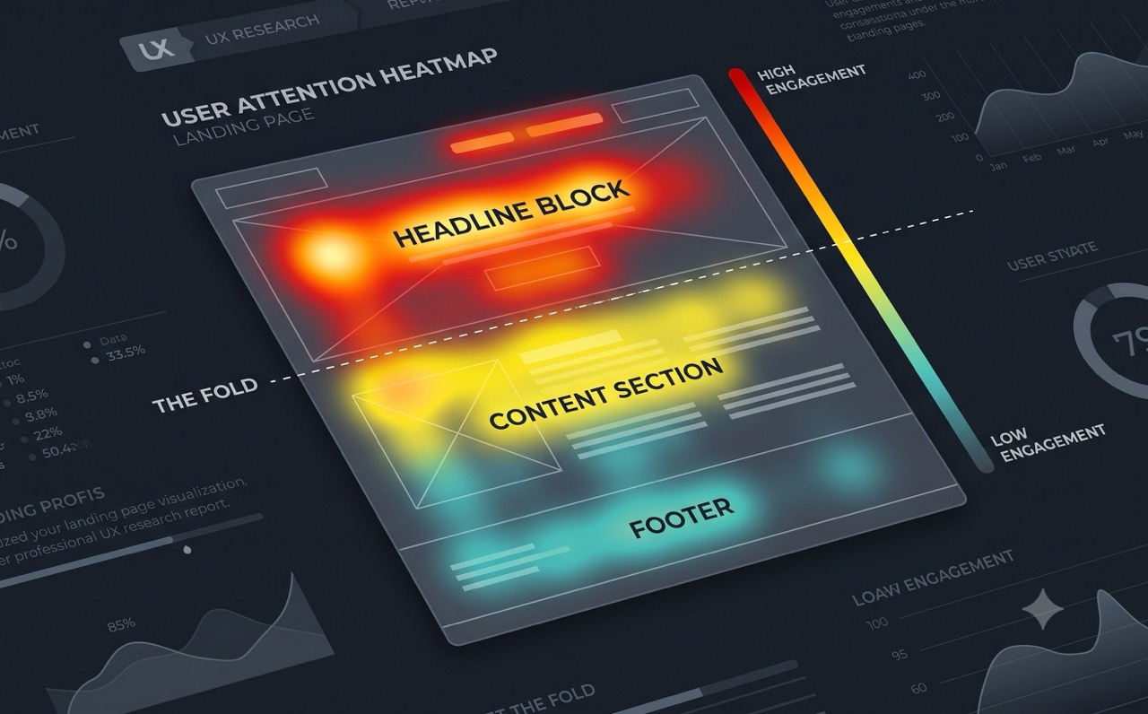User attention heatmap on a landing page showing high concentration above the fold and decreasing attention below it