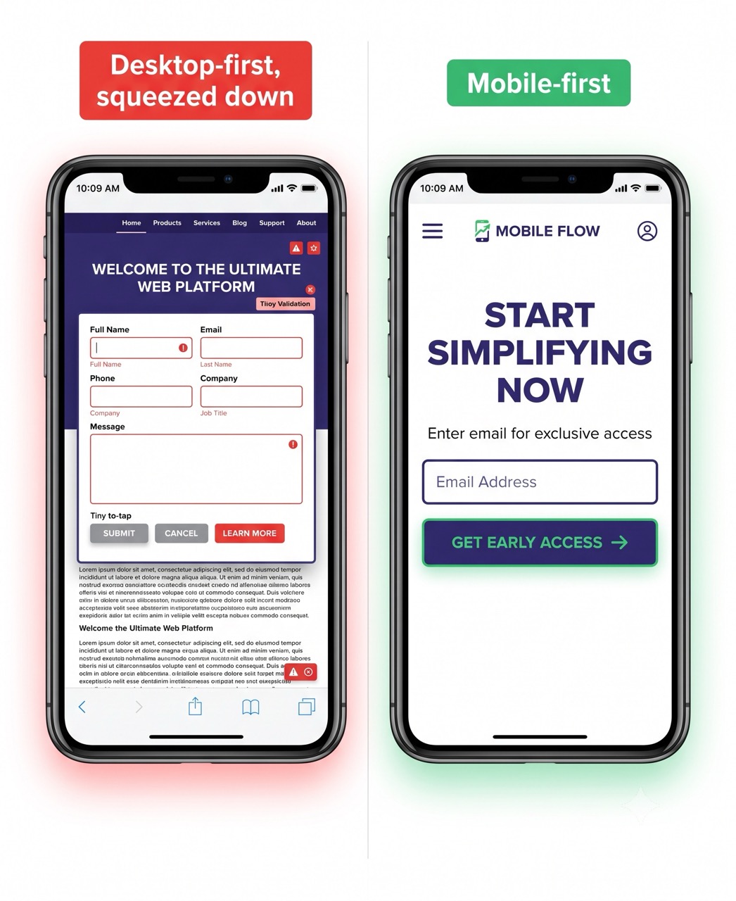 Two mobile phone screens side by side: a cluttered desktop-first page squeezed onto mobile versus a clean mobile-first page with a large CTA and minimal form