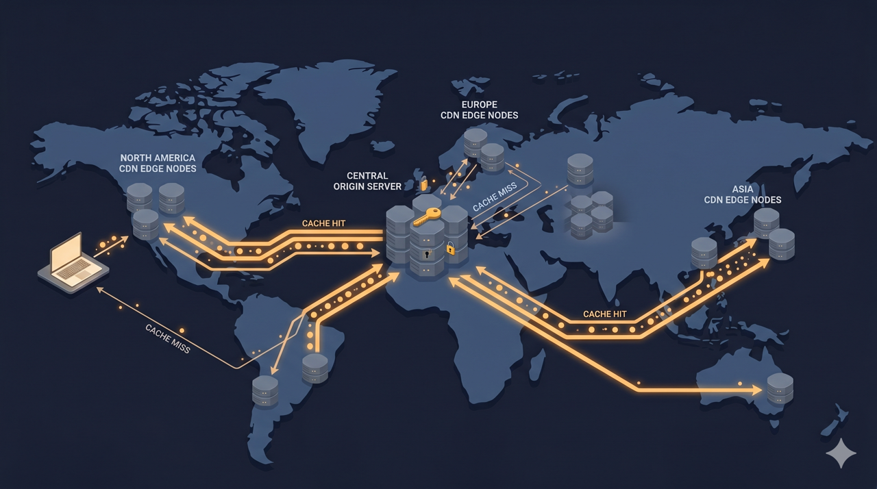 World map showing CDN edge nodes on three continents connected to a central origin server, with thick lines for cache hits and thin lines for cache misses back to origin