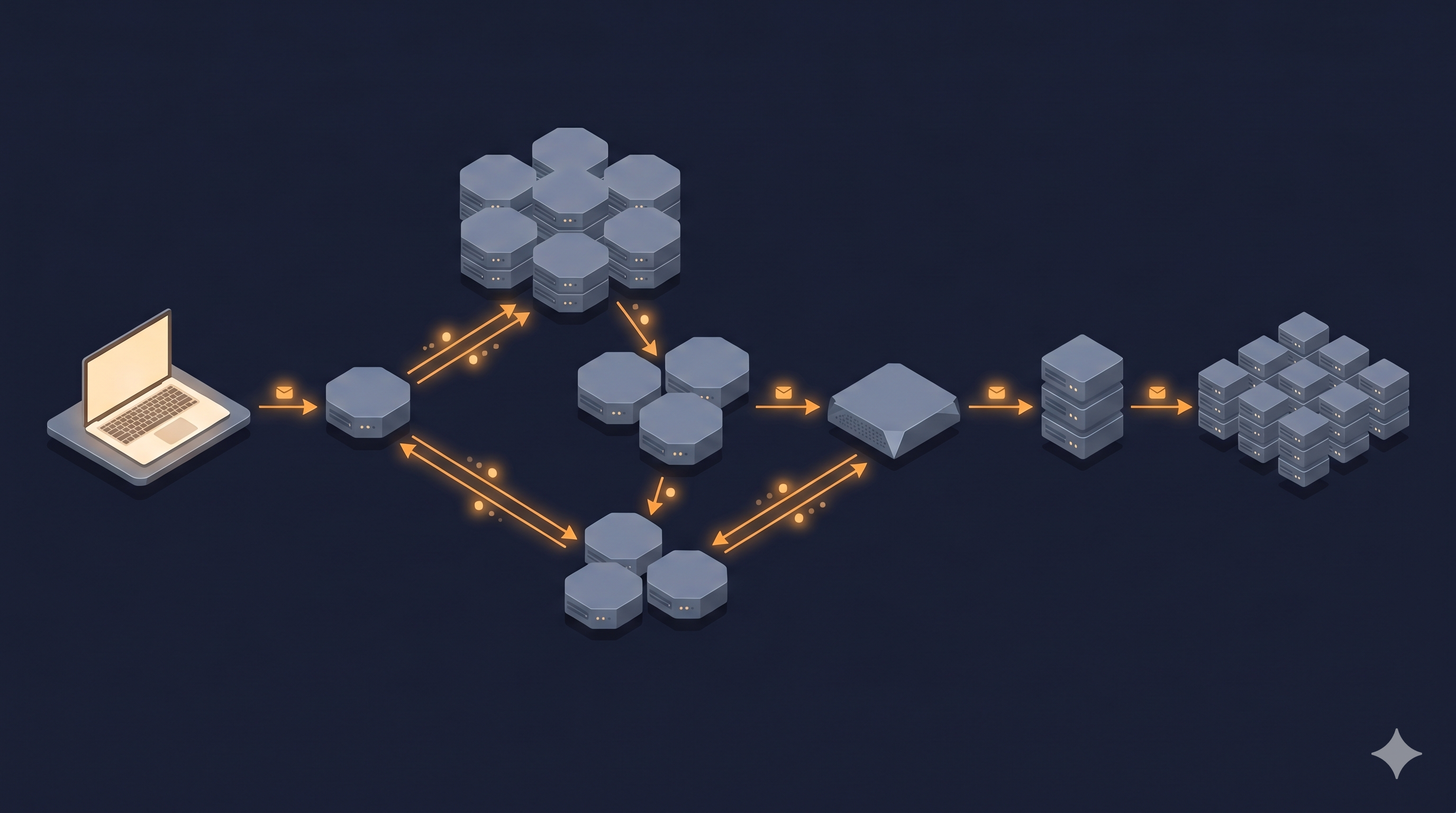 Internet request journey: from a laptop through DNS resolver, root nameserver, TLD nameserver, authoritative nameserver, CDN edge node, load balancer, and web server cluster