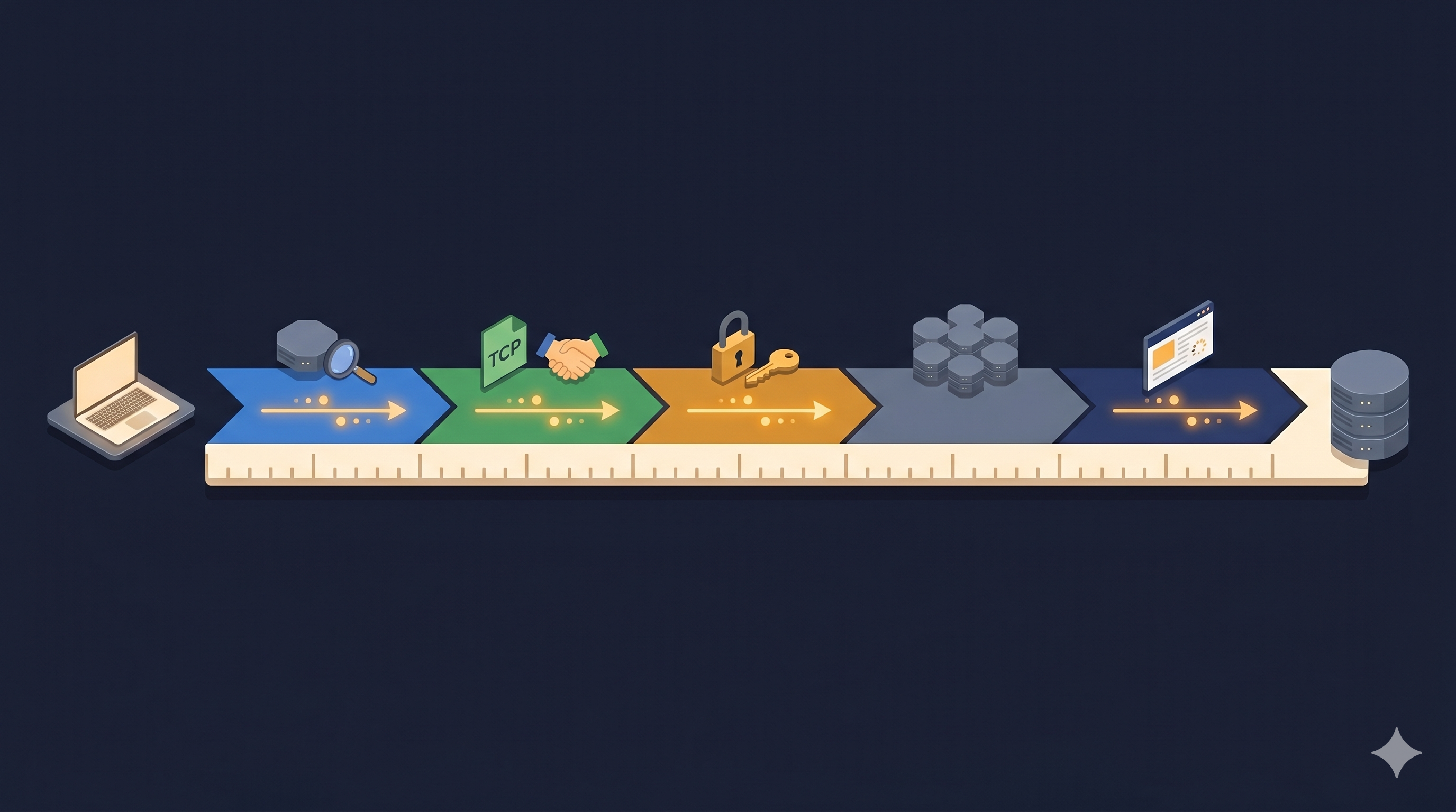 HTTPS request latency timeline broken into color-coded segments: DNS resolution, TCP handshake, TLS handshake, server processing, and response rendering