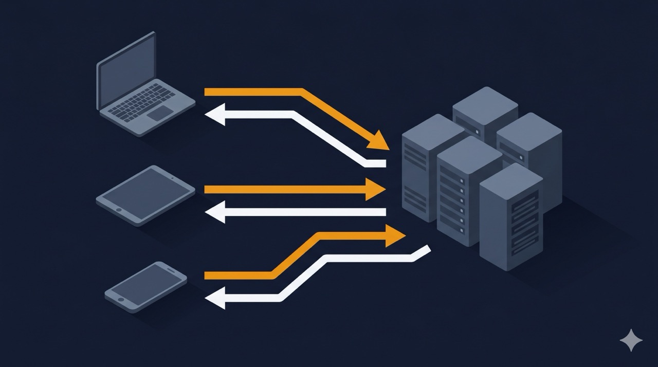 Client-server model: three client devices (laptop, tablet, mobile) sending amber request arrows to a central server cluster, which returns white response arrows to each device